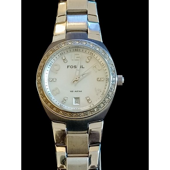 Fossil Silver Tone Stainless Steel Mother Of Pearl Face White Crystal Watch Work main image 2